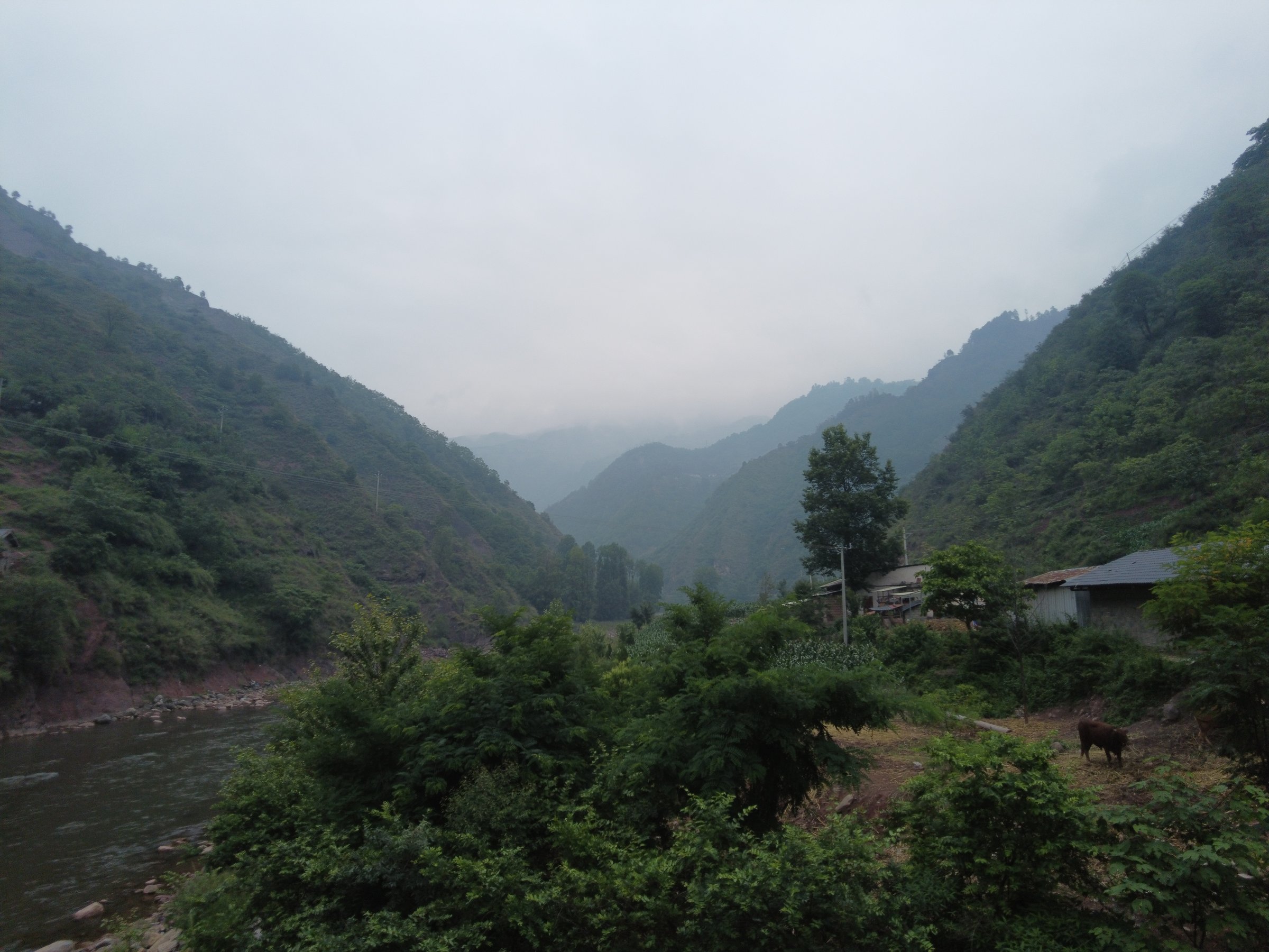 A river in a valley with farmhouses beyond, overcast sky